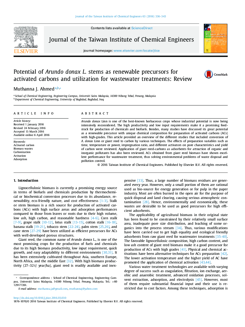 Potential of Arundo donax L. stems as renewable precursors for activated carbons and utilization for wastewater treatments: Review