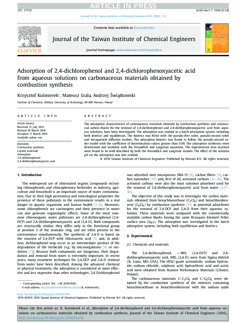 Adsorption of 2,4-dichlorophenol and 2,4-dichlorophenoxyacetic acid from aqueous solutions on carbonaceous materials obtained by combustion synthesis
