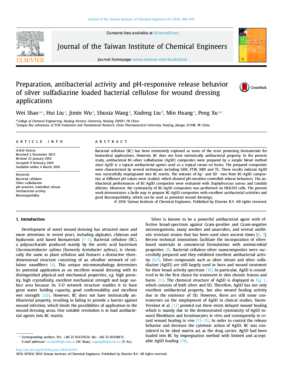 Preparation, antibacterial activity and pH-responsive release behavior of silver sulfadiazine loaded bacterial cellulose for wound dressing applications