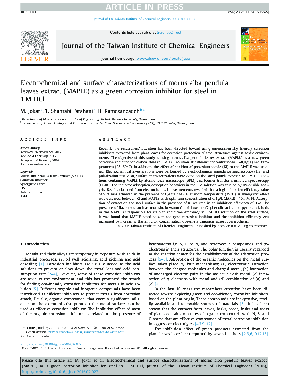 Electrochemical and surface characterizations of morus alba pendula leaves extract (MAPLE) as a green corrosion inhibitor for steel in 1Â M HCl