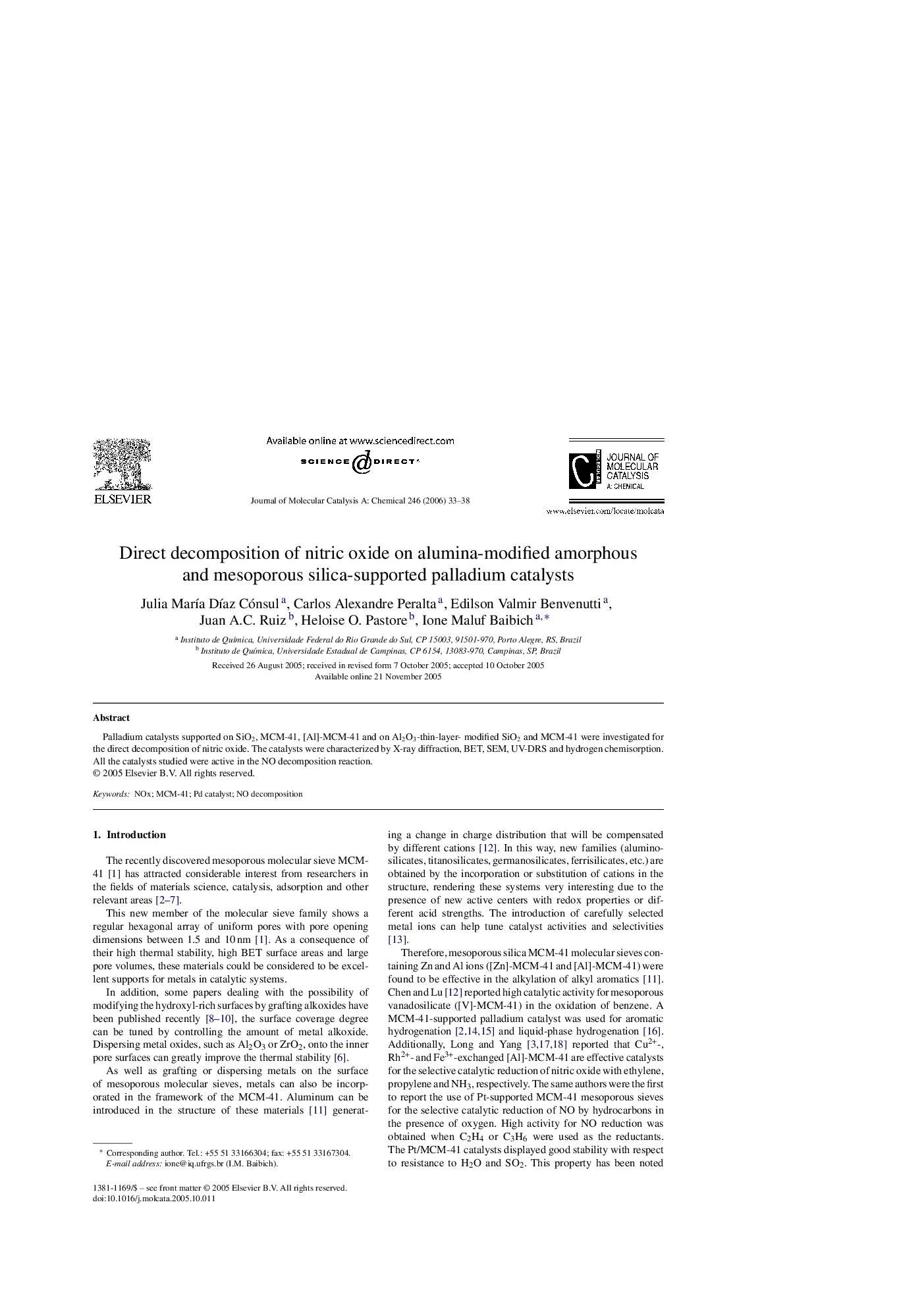 Direct decomposition of nitric oxide on alumina-modified amorphous and mesoporous silica-supported palladium catalysts