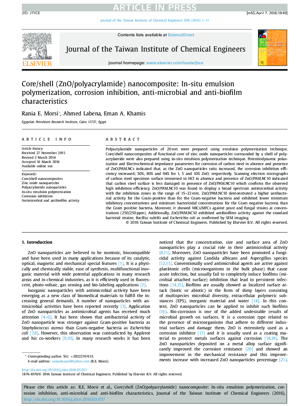 Core/shell (ZnO/polyacrylamide) nanocomposite: In-situ emulsion polymerization, corrosion inhibition, anti-microbial and anti-biofilm characteristics
