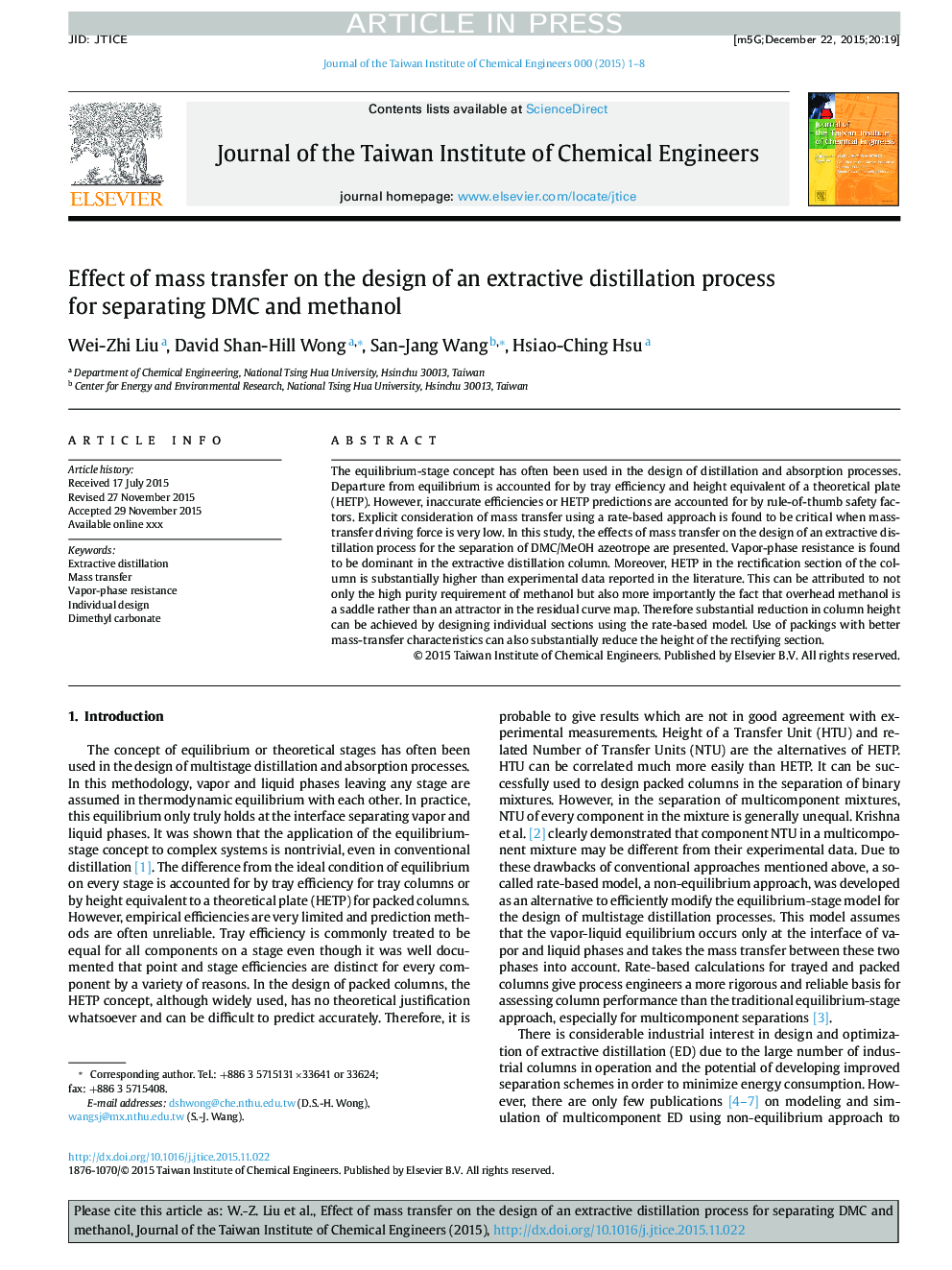 عکس صفحه اول مقاله: Effect of mass transfer on the design of an extractive distillation process for separating DMC and methanol Effect of mass transfer on the design of an extractive distillation process for separating DMC and methanol