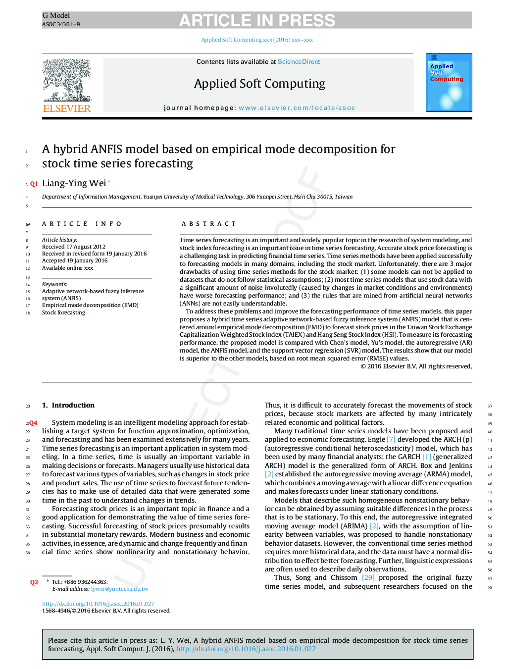 A hybrid ANFIS model based on empirical mode decomposition for stock time series forecasting