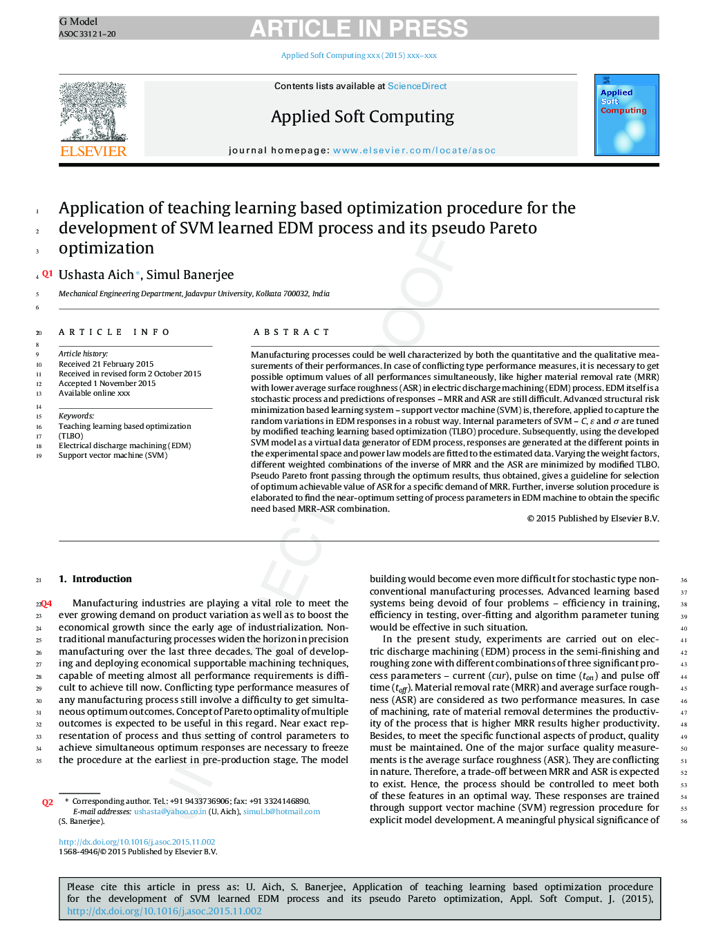 Application of teaching learning based optimization procedure for the development of SVM learned EDM process and its pseudo Pareto optimization