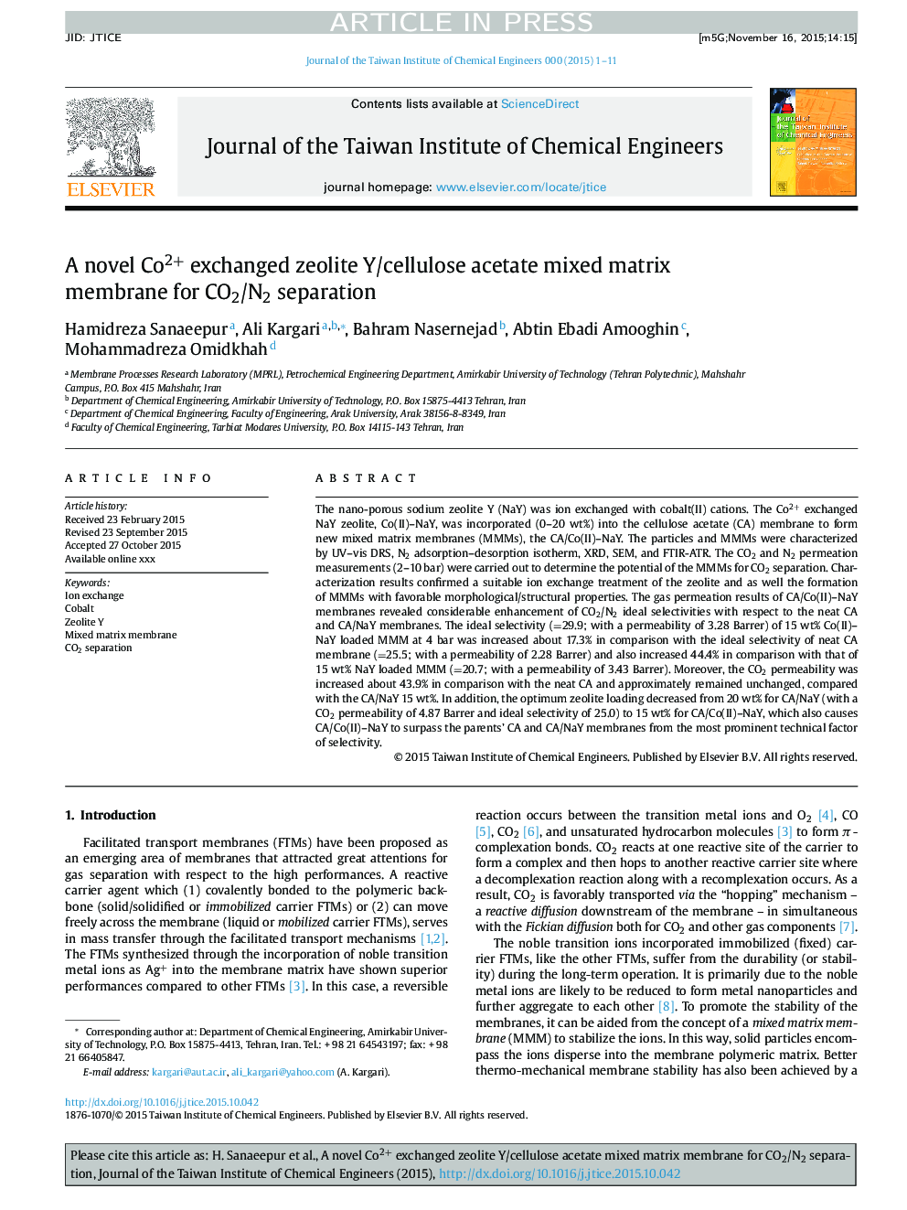 عکس صفحه اول مقاله: A novel Co2+ exchanged zeolite Y/cellulose acetate mixed matrix membrane for CO2/N2 separation A novel Co2+ exchanged zeolite Y/cellulose acetate mixed matrix membrane for CO2/N2 separation
