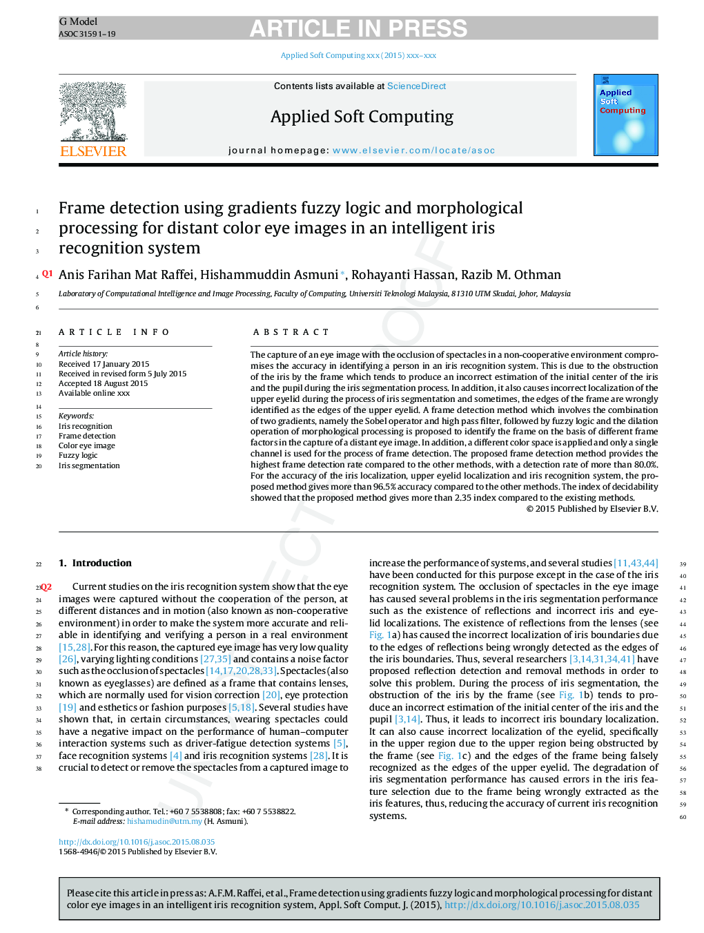 Frame detection using gradients fuzzy logic and morphological processing for distant color eye images in an intelligent iris recognition system