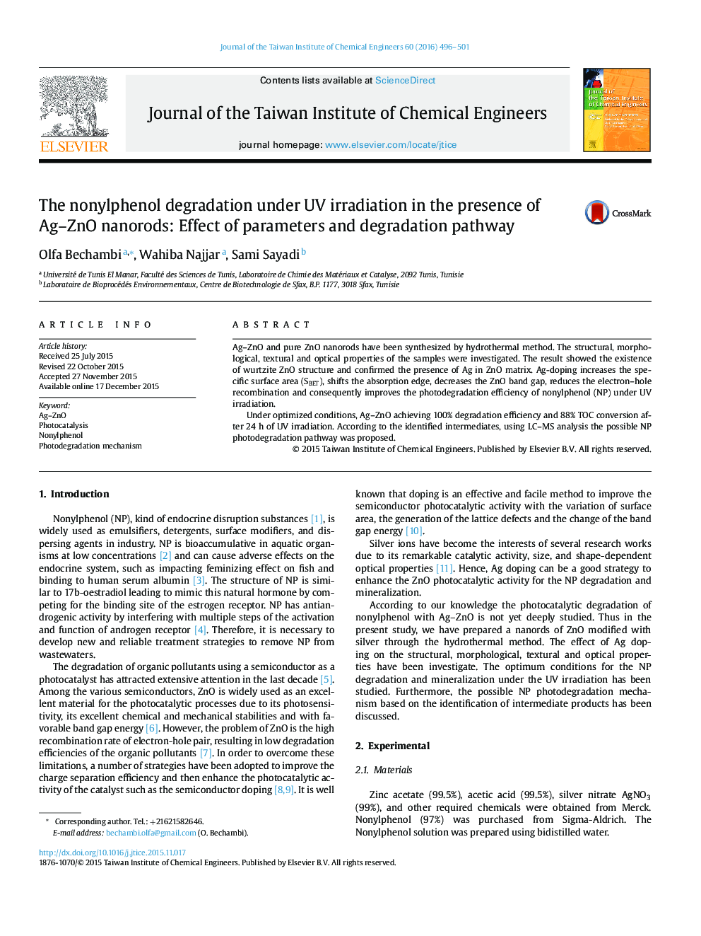 The nonylphenol degradation under UV irradiation in the presence of Ag–ZnO nanorods: Effect of parameters and degradation pathway