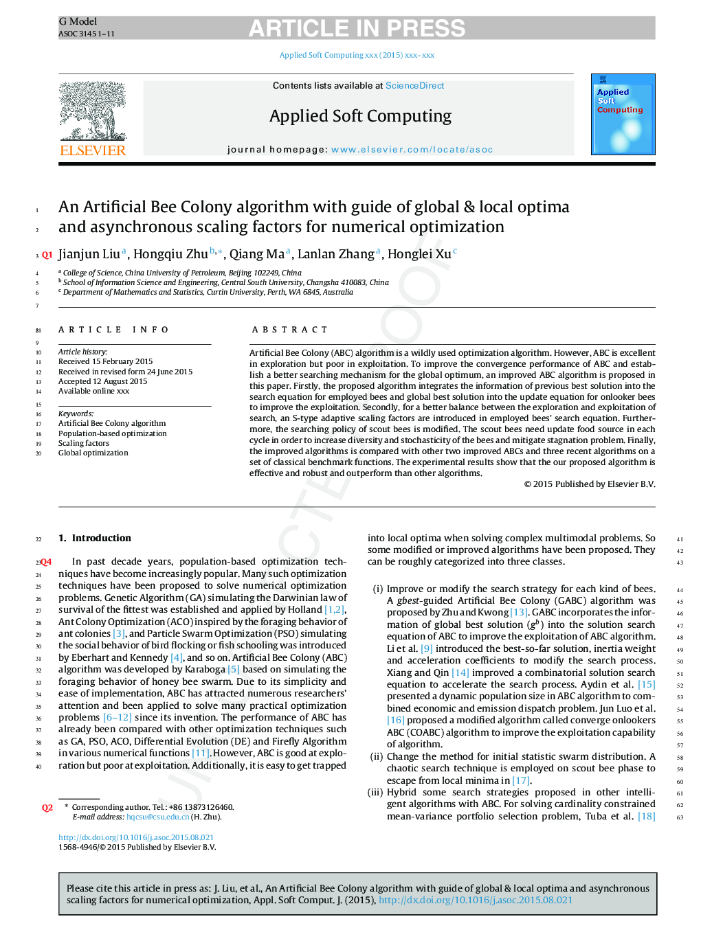 An Artificial Bee Colony algorithm with guide of global & local optima and asynchronous scaling factors for numerical optimization