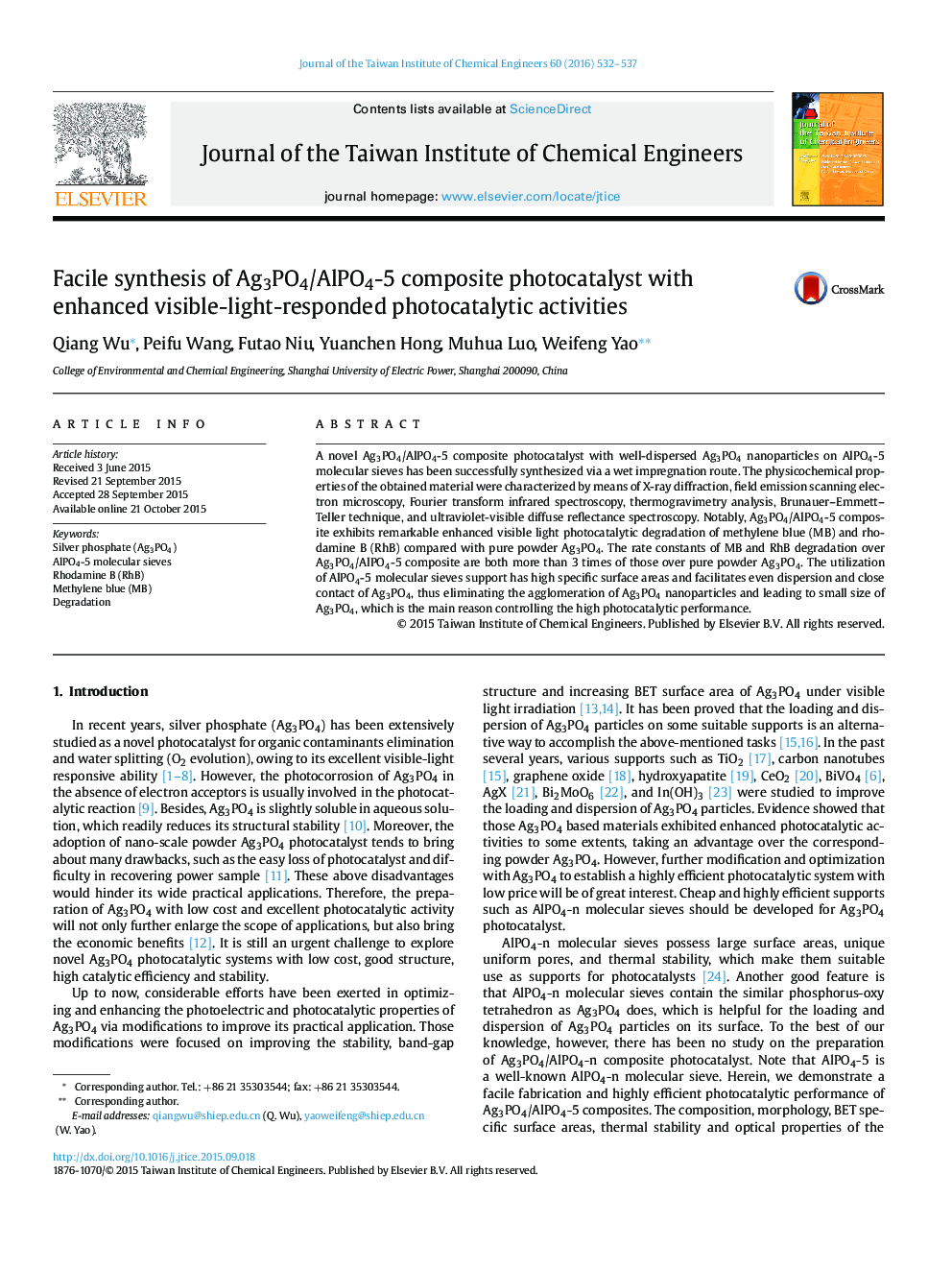 عکس صفحه اول مقاله: Facile synthesis of Ag3PO4/AlPO4-5 composite photocatalyst with enhanced visible-light-responded photocatalytic activities Facile synthesis of Ag3PO4/AlPO4-5 composite photocatalyst with enhanced visible-light-responded photocatalytic activities