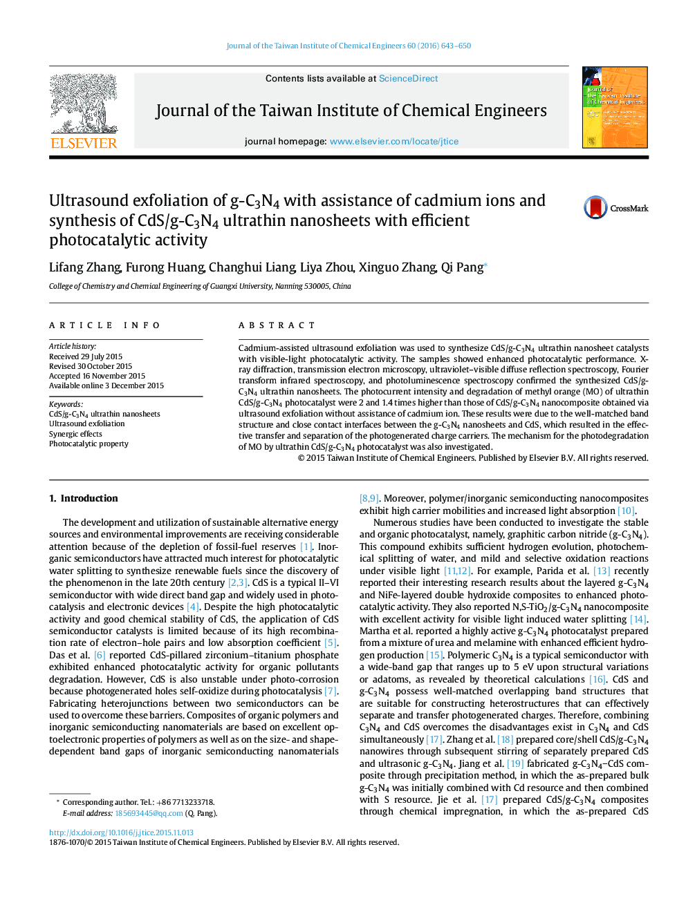 عکس صفحه اول مقاله: Ultrasound exfoliation of g-C3N4 with assistance of cadmium ions and synthesis of CdS/g-C3N4 ultrathin nanosheets with efficient photocatalytic activity Ultrasound exfoliation of g-C3N4 with assistance of cadmium ions and synthesis of CdS/g-C3N4 ultrathin nanosheets with efficient photocatalytic activity