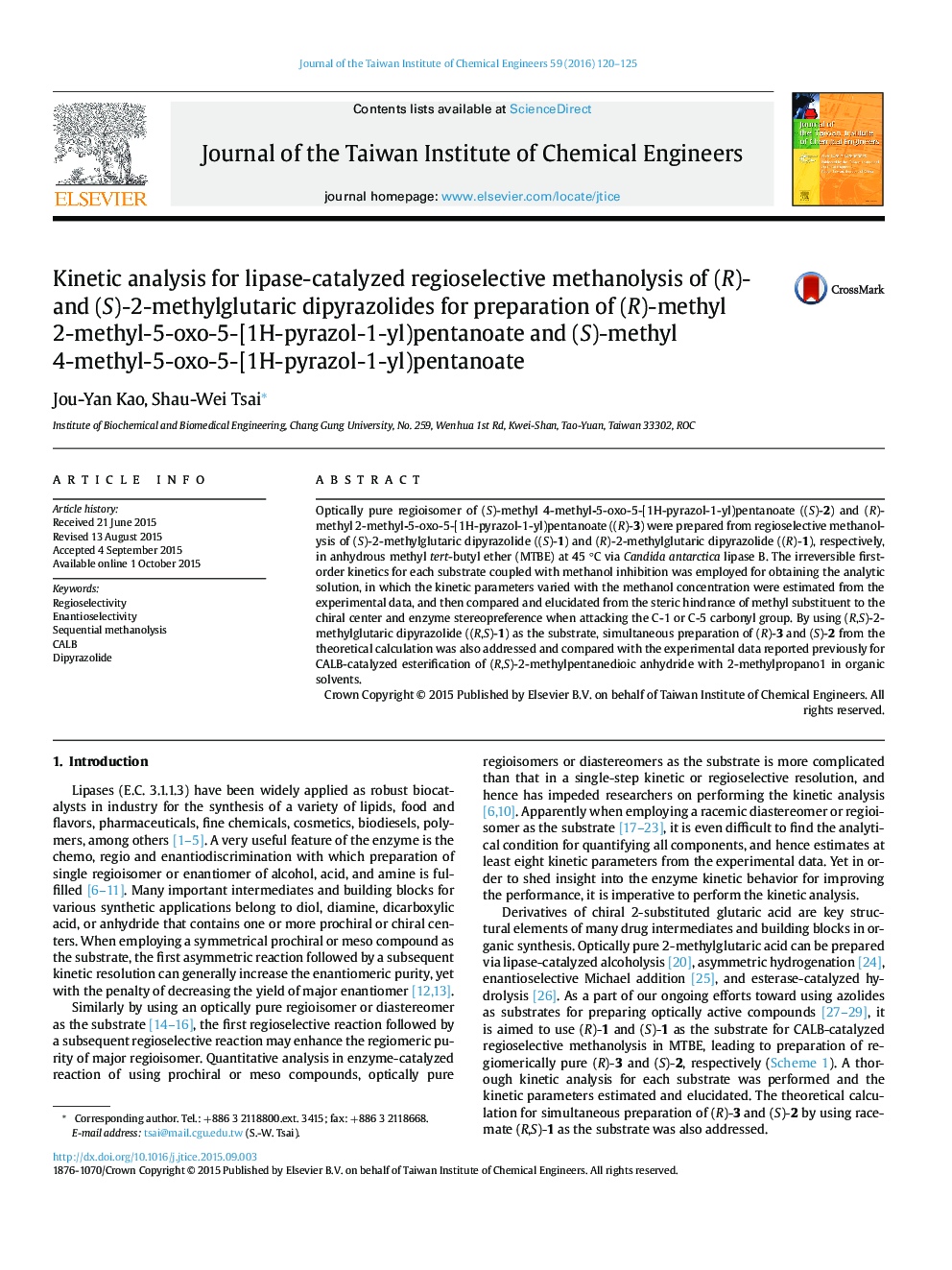 Kinetic analysis for lipase-catalyzed regioselective methanolysis of (R)- and (S)-2-methylglutaric dipyrazolides for preparation of (R)-methyl 2-methyl-5-oxo-5-[1H-pyrazol-1-yl)pentanoate and (S)-methyl 4-methyl-5-oxo-5-[1H-pyrazol-1-yl)pentanoate