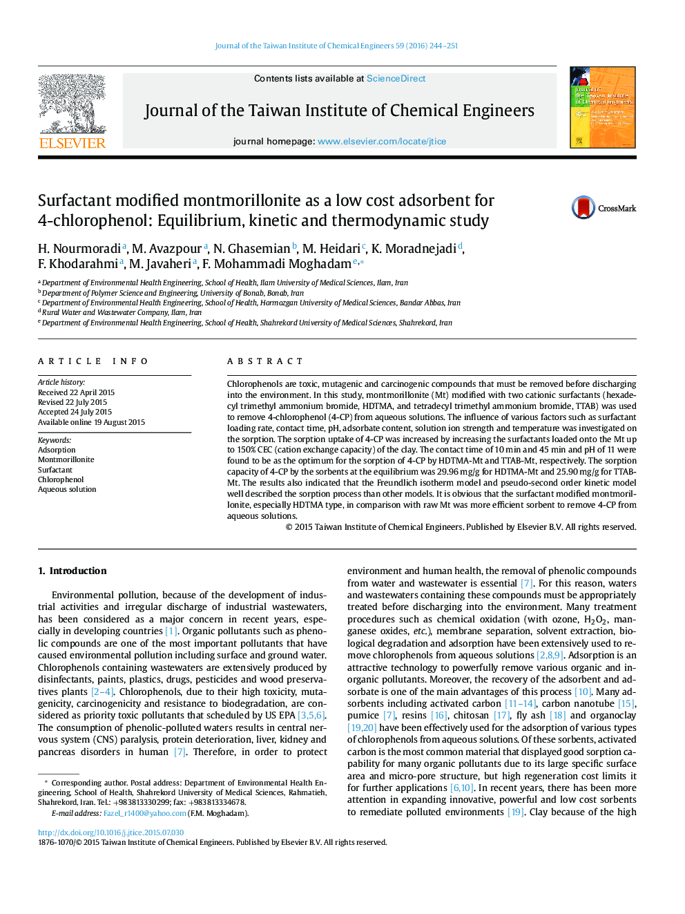 Surfactant modified montmorillonite as a low cost adsorbent for 4-chlorophenol: Equilibrium, kinetic and thermodynamic study