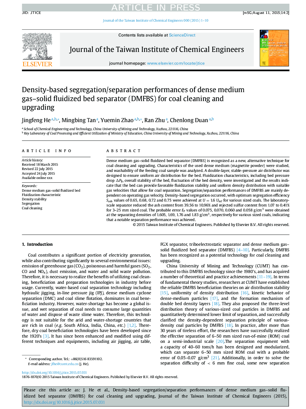 Density-based segregation/separation performances of dense medium gas-solid fluidized bed separator (DMFBS) for coal cleaning and upgrading