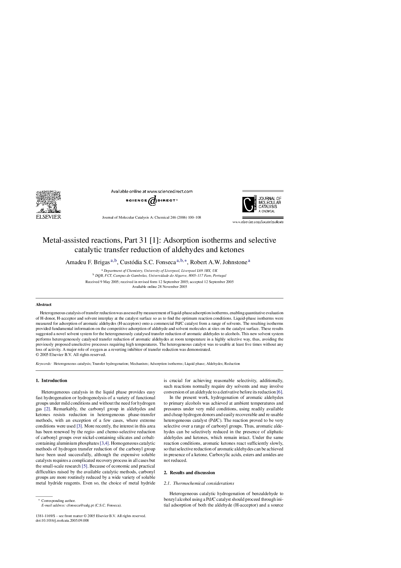 Metal-assisted reactions, Part 31 [1]: Adsorption isotherms and selective catalytic transfer reduction of aldehydes and ketones