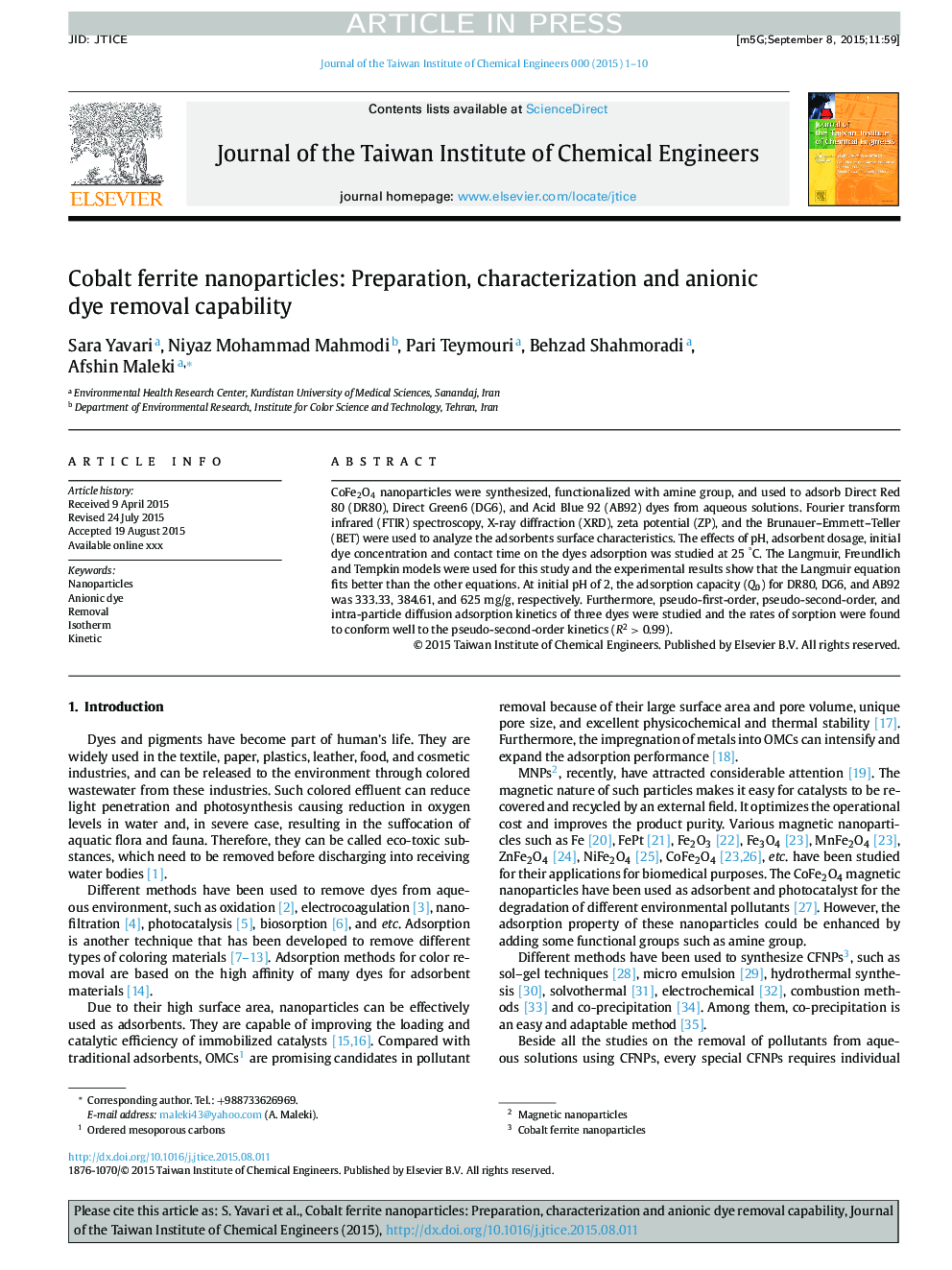 Cobalt ferrite nanoparticles: Preparation, characterization and anionic dye removal capability