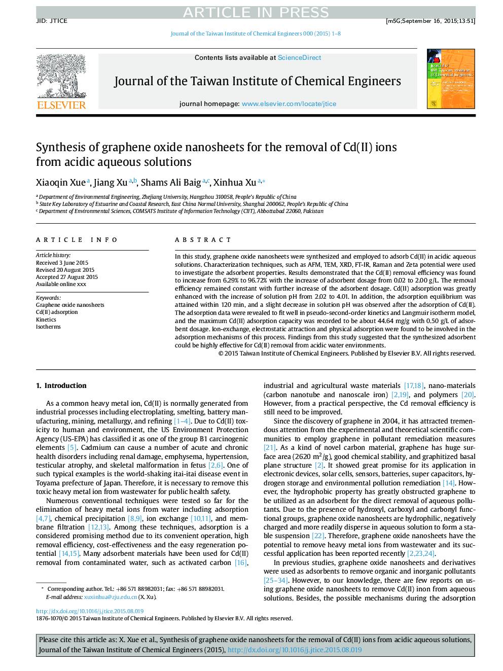 عکس صفحه اول مقاله: Synthesis of graphene oxide nanosheets for the removal of Cd(II) ions from acidic aqueous solutions Synthesis of graphene oxide nanosheets for the removal of Cd(II) ions from acidic aqueous solutions