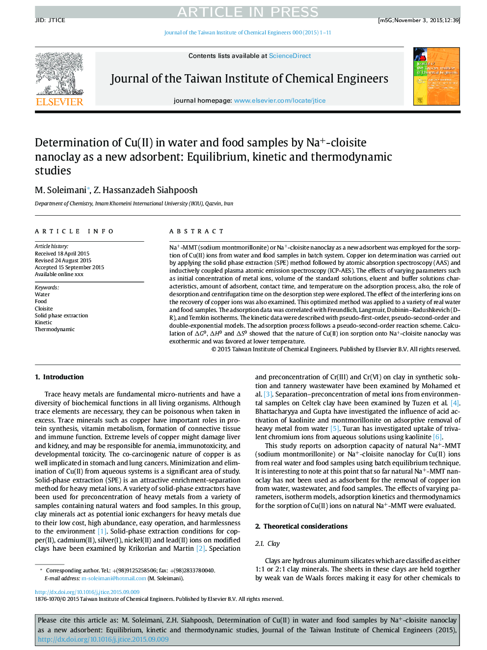 عکس صفحه اول مقاله: Determination of Cu(II) in water and food samples by Na+-cloisite nanoclay as a new adsorbent: Equilibrium, kinetic and thermodynamic studies Determination of Cu(II) in water and food samples by Na+-cloisite nanoclay as a new adsorbent: Equilibrium, kinetic and thermodynamic studies