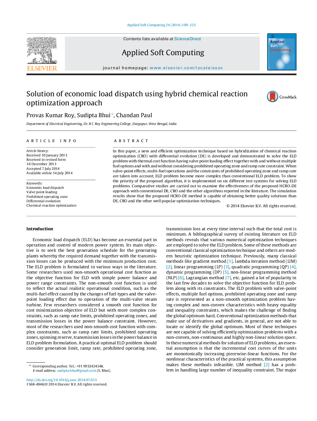 Solution of economic load dispatch using hybrid chemical reaction optimization approach