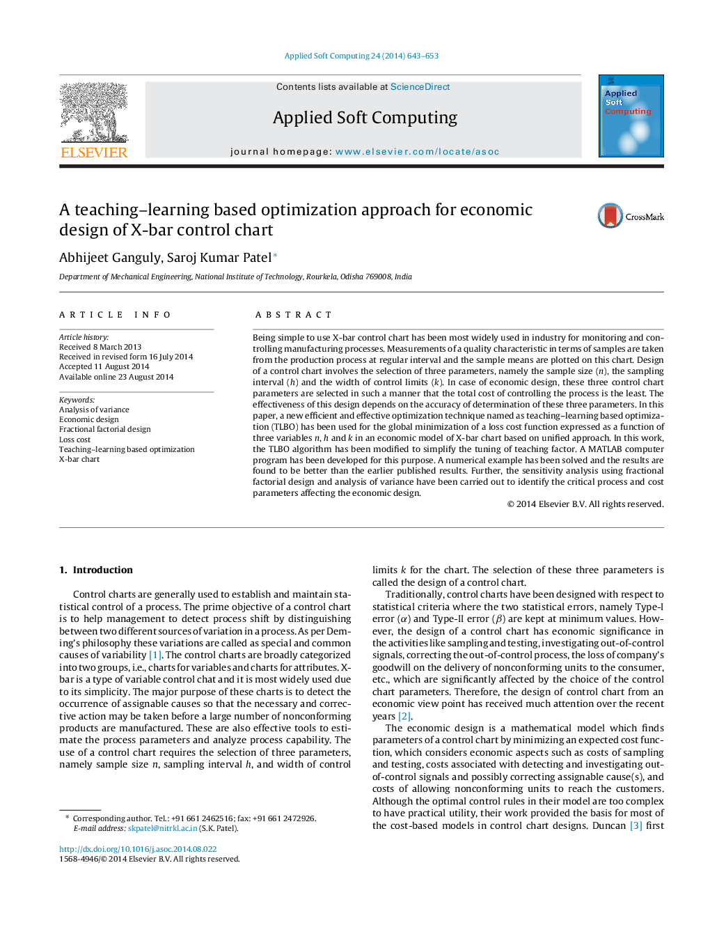 A teaching-learning based optimization approach for economic design of X-bar control chart