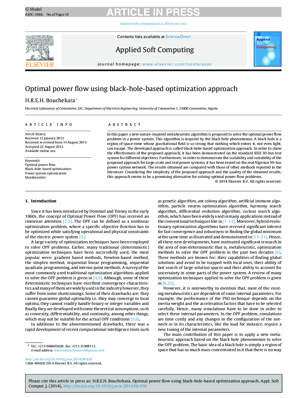 Optimal power flow using black-hole-based optimization approach