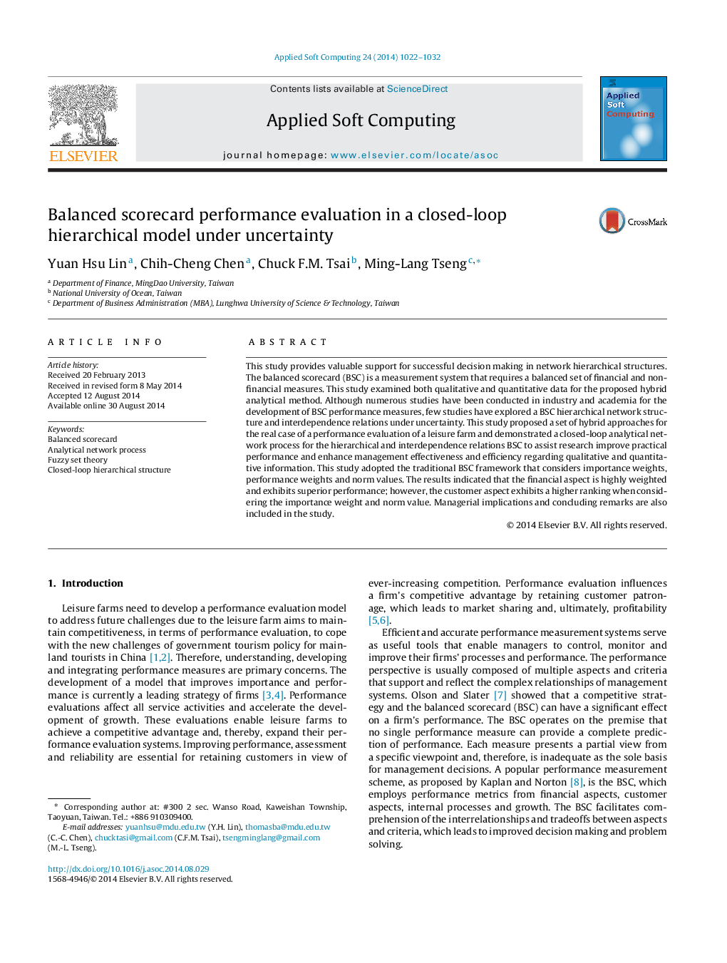 Balanced scorecard performance evaluation in a closed-loop hierarchical model under uncertainty