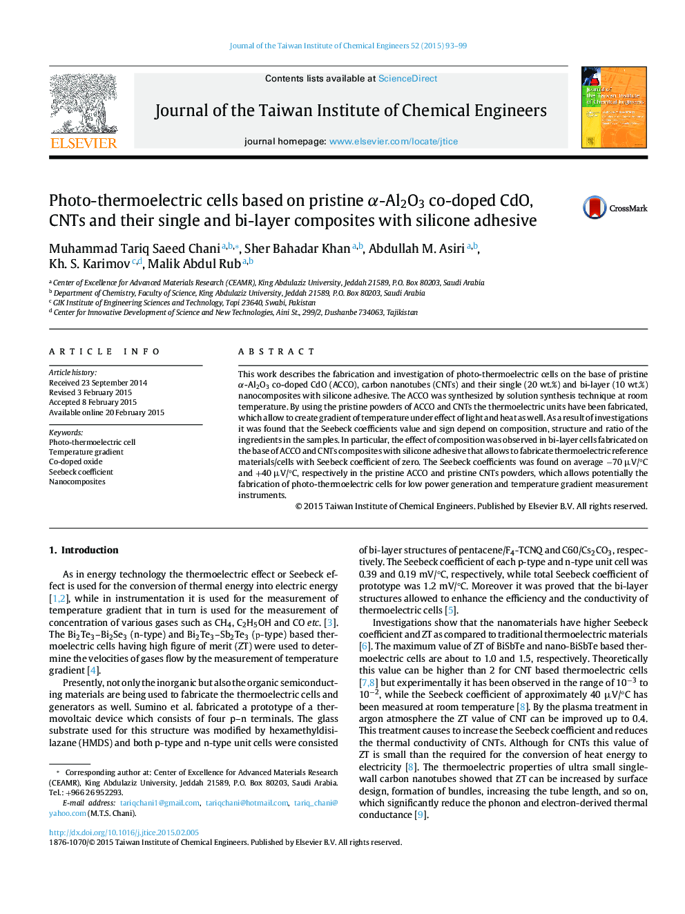 Photo-thermoelectric cells based on pristine Î±-Al2O3 co-doped CdO, CNTs and their single and bi-layer composites with silicone adhesive