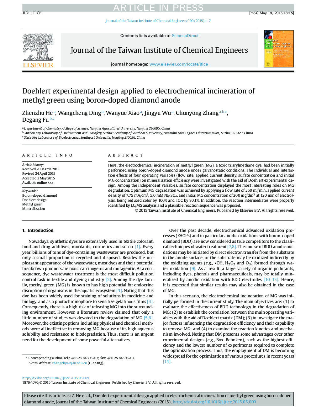 Doehlert experimental design applied to electrochemical incineration of methyl green using boron-doped diamond anode