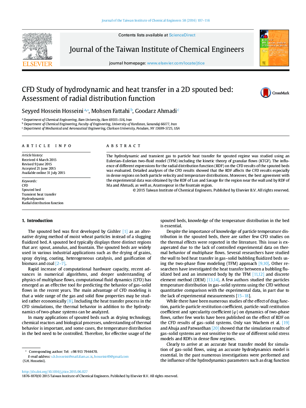 CFD Study of hydrodynamic and heat transfer in a 2D spouted bed: Assessment of radial distribution function