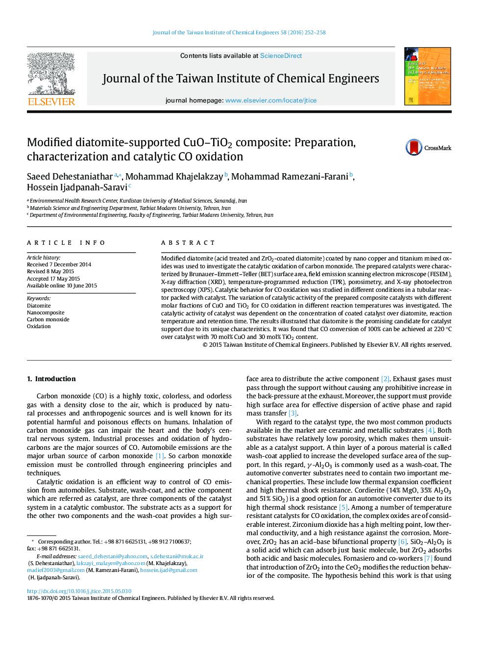 Modified diatomite-supported CuO–TiO2 composite: Preparation, characterization and catalytic CO oxidation