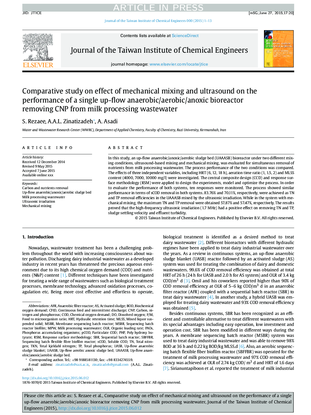 Comparative study on effect of mechanical mixing and ultrasound on the performance of a single up-flow anaerobic/aerobic/anoxic bioreactor removing CNP from milk processing wastewater