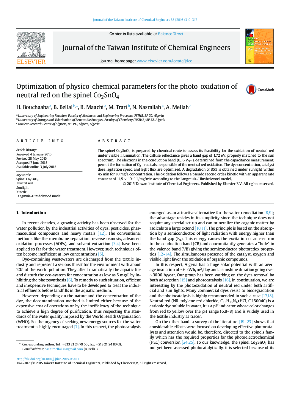 Optimization of physico-chemical parameters for the photo-oxidation of neutral red on the spinel Co2SnO4