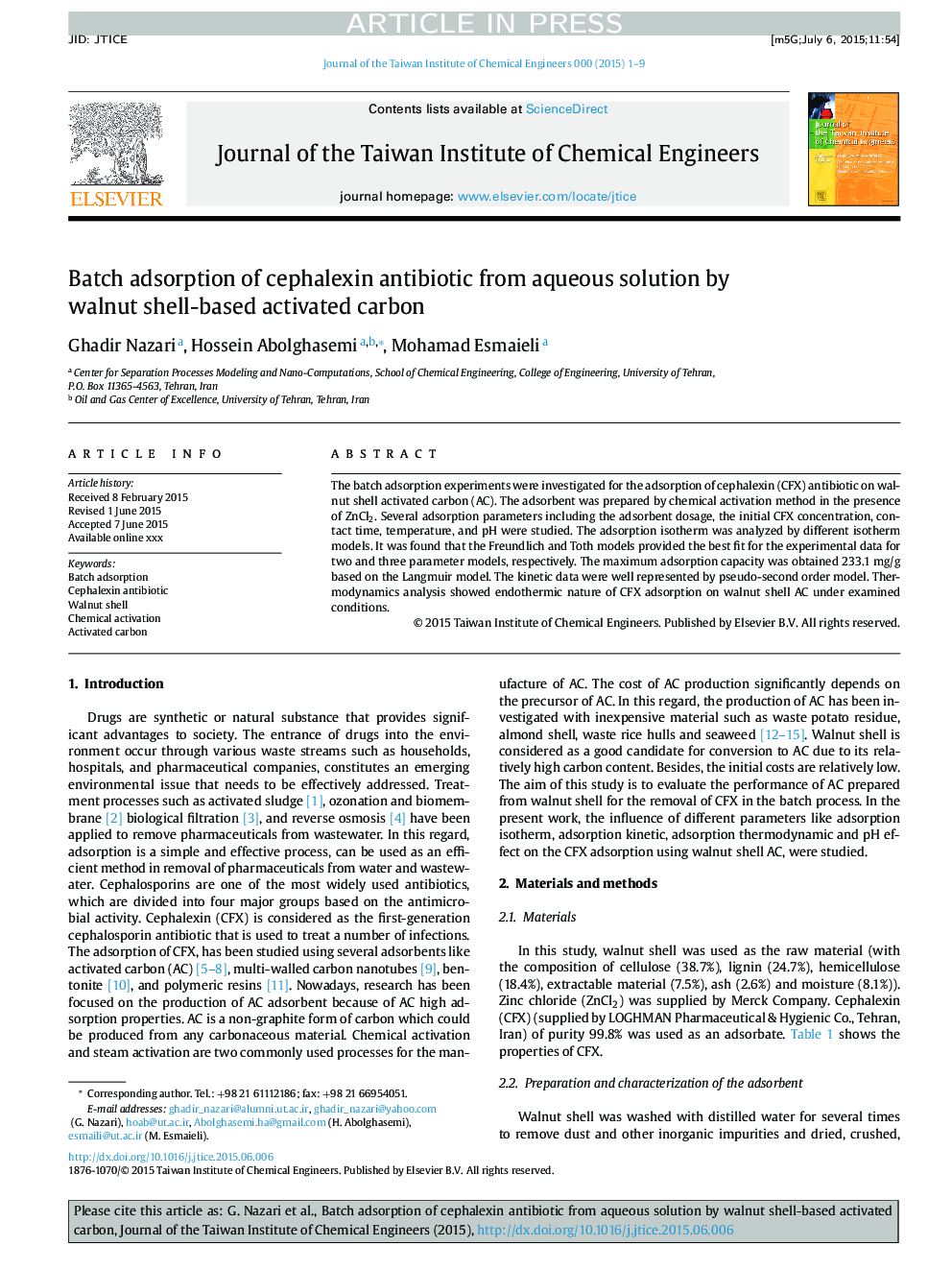 Batch adsorption of cephalexin antibiotic from aqueous solution by walnut shell-based activated carbon