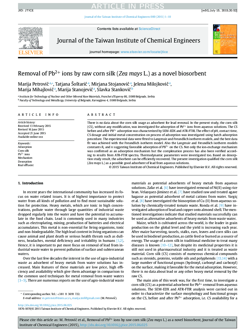 Removal of Pb2+ ions by raw corn silk (Zea mays L.) as a novel biosorbent