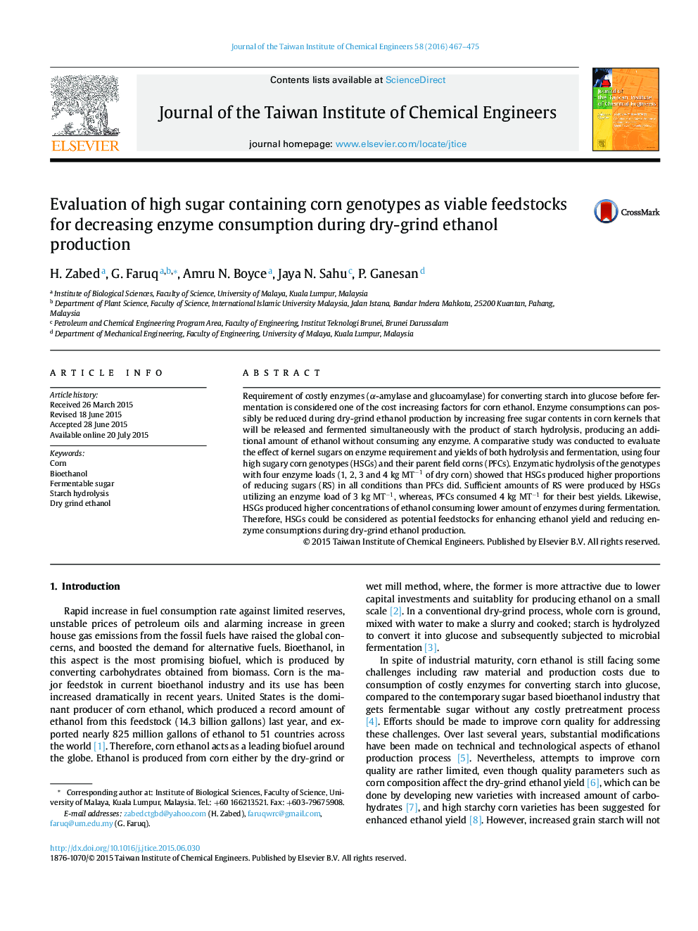 Evaluation of high sugar containing corn genotypes as viable feedstocks for decreasing enzyme consumption during dry-grind ethanol production