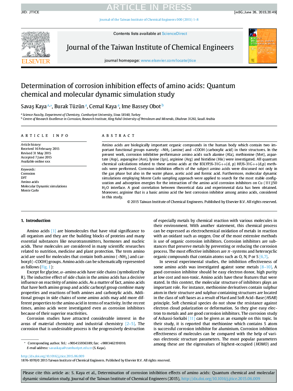 Determination of corrosion inhibition effects of amino acids: Quantum chemical and molecular dynamic simulation study
