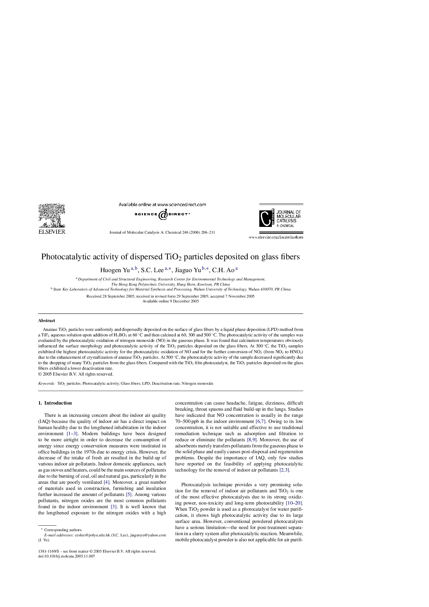 Photocatalytic activity of dispersed TiO2 particles deposited on glass fibers