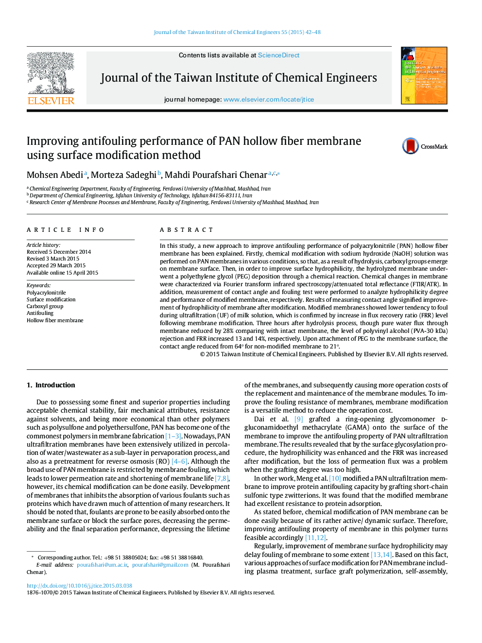 Improving antifouling performance of PAN hollow fiber membrane using surface modification method