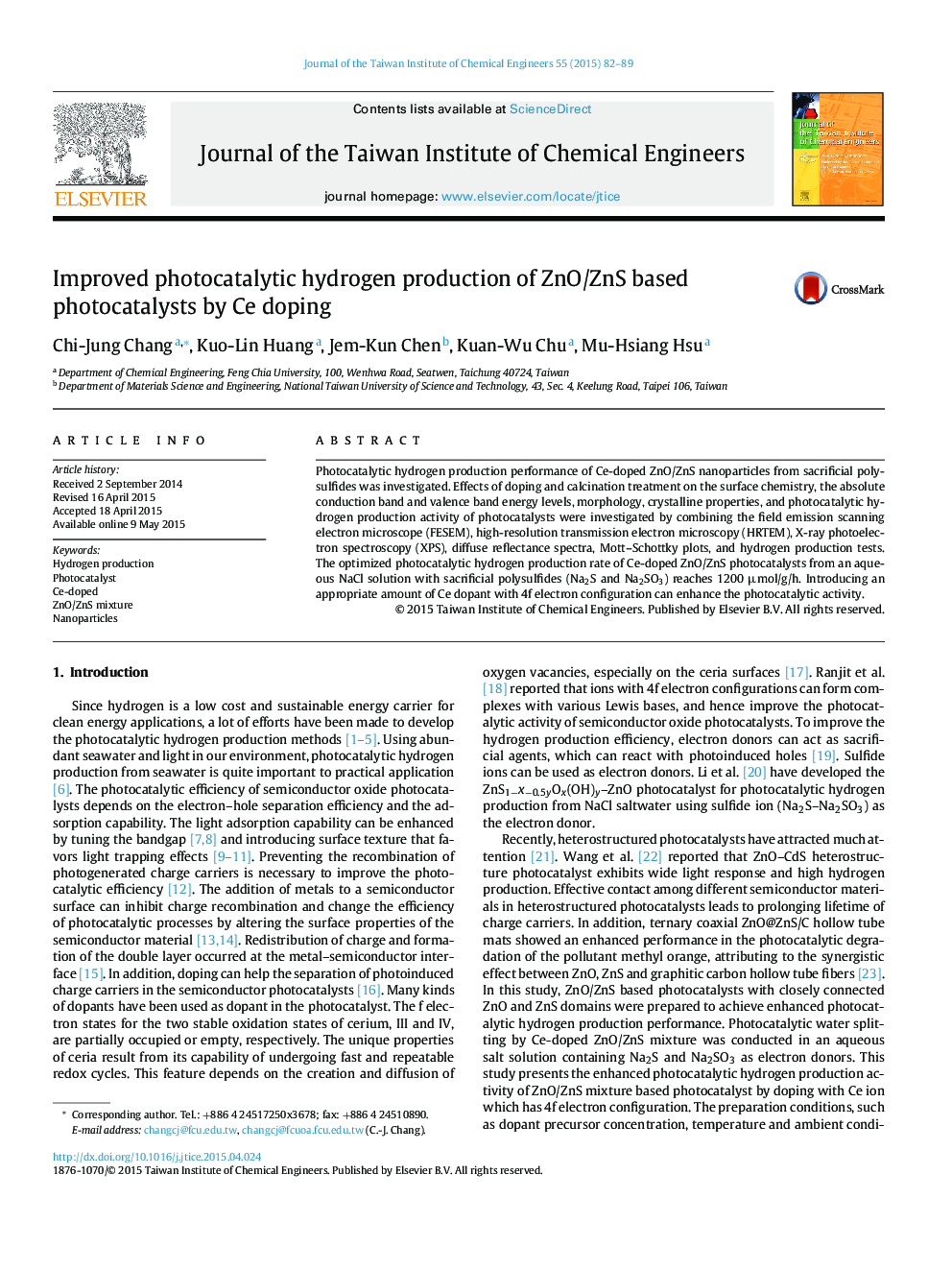عکس صفحه اول مقاله: Improved photocatalytic hydrogen production of ZnO/ZnS based photocatalysts by Ce doping Improved photocatalytic hydrogen production of ZnO/ZnS based photocatalysts by Ce doping
