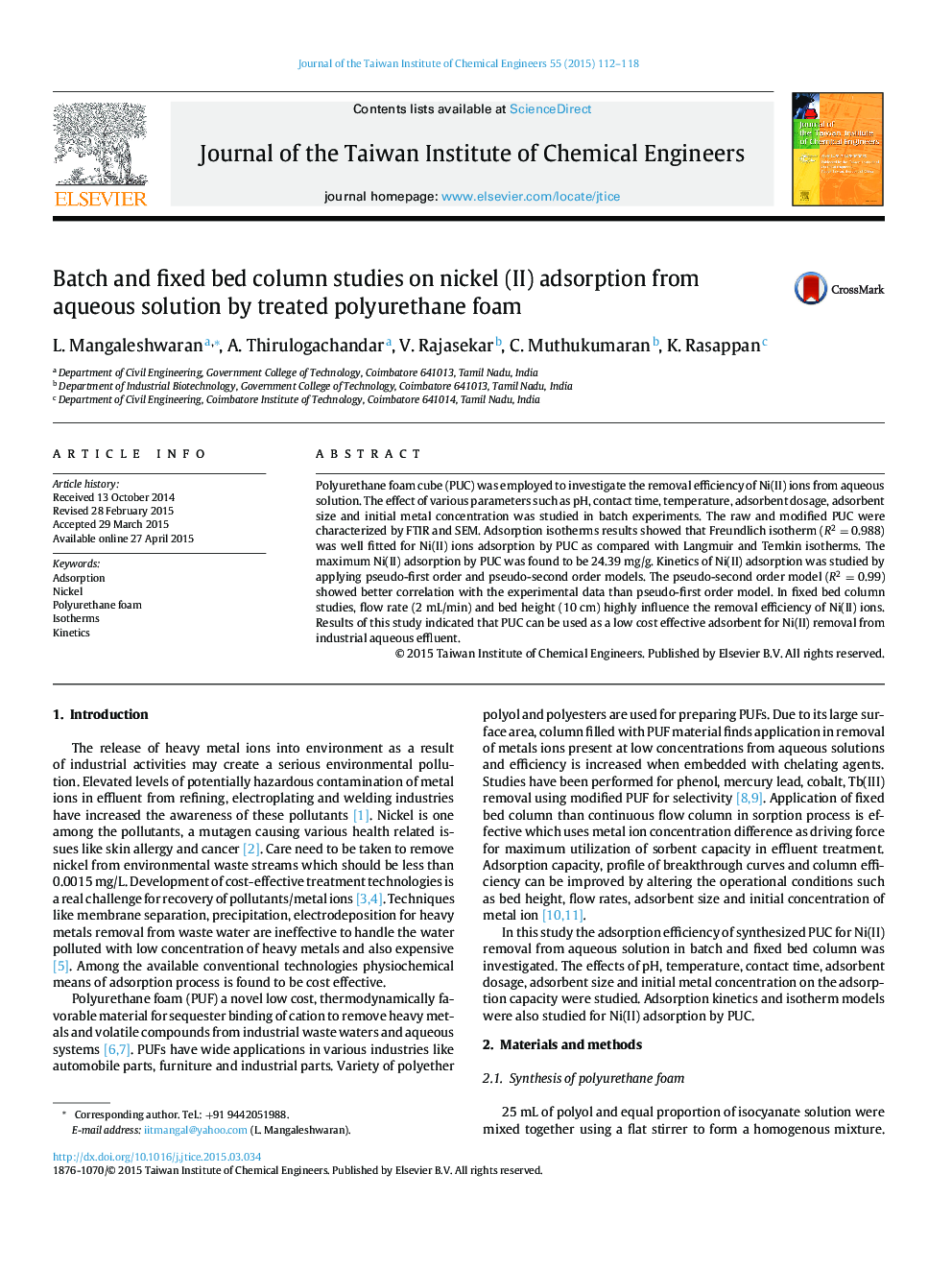 Batch and fixed bed column studies on nickel (II) adsorption from aqueous solution by treated polyurethane foam