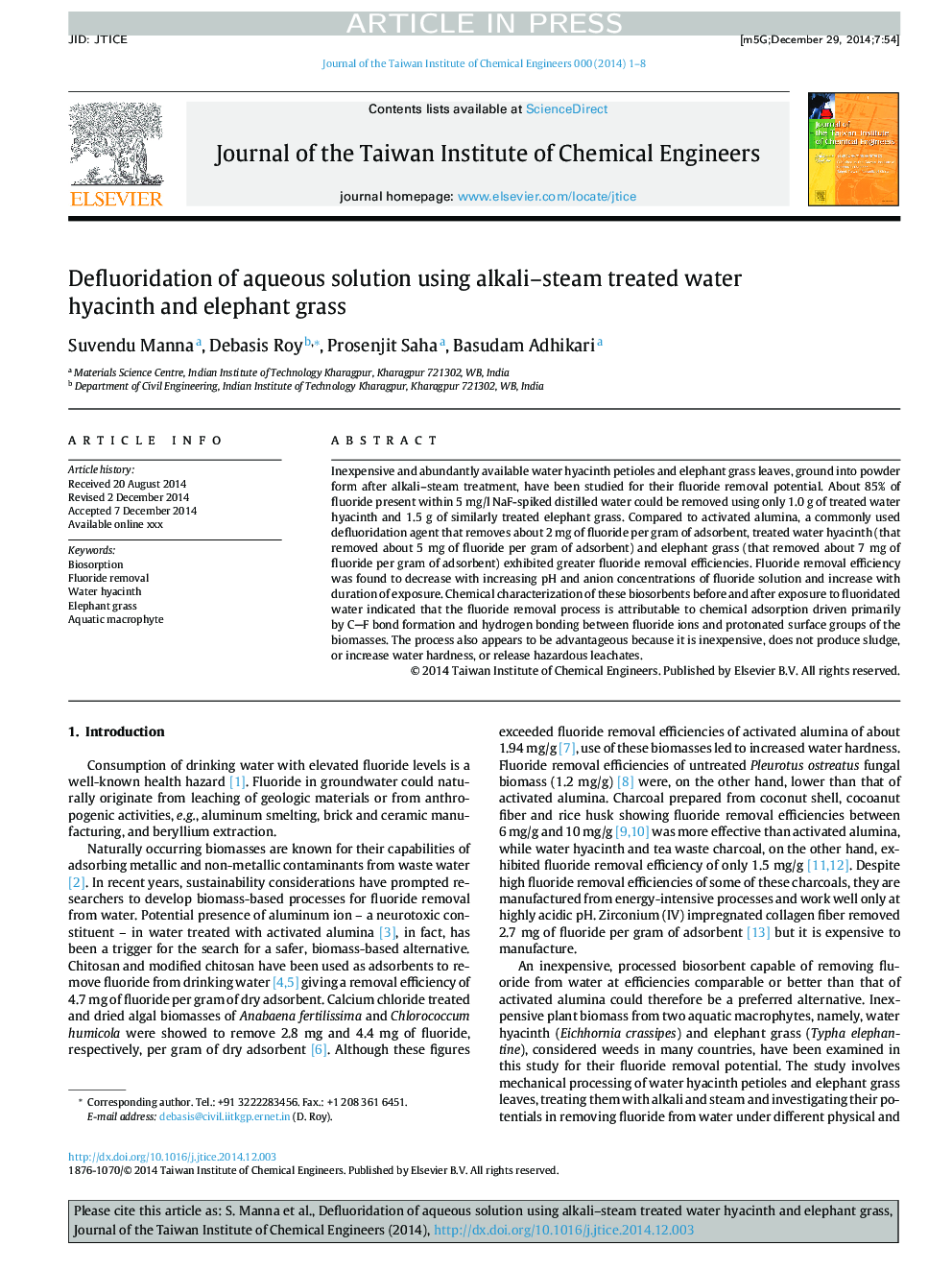 Defluoridation of aqueous solution using alkali-steam treated water hyacinth and elephant grass