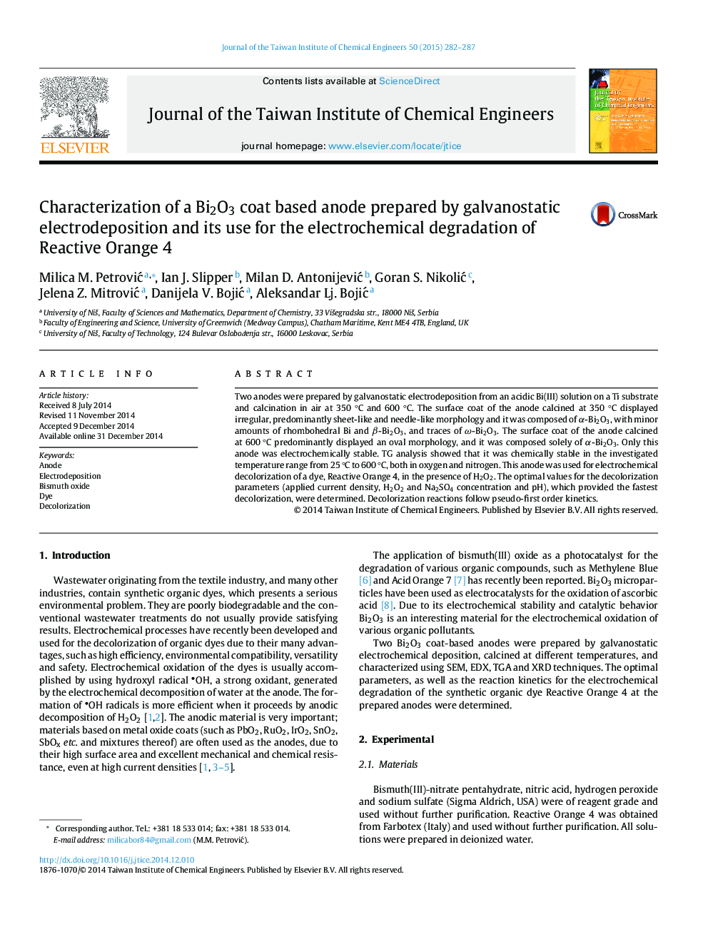 Characterization of a Bi2O3 coat based anode prepared by galvanostatic electrodeposition and its use for the electrochemical degradation of Reactive Orange 4