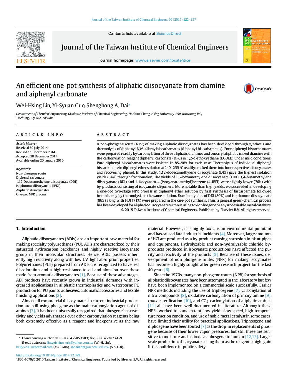 An efficient one-pot synthesis of aliphatic diisocyanate from diamine and aiphenyl carbonate