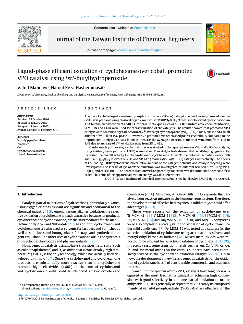 Liquid-phase efficient oxidation of cyclohexane over cobalt promoted VPO catalyst using tert-butylhydroperoxide