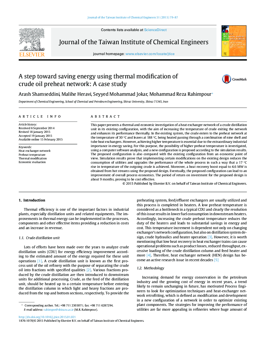 A step toward saving energy using thermal modification of crude oil preheat network: A case study