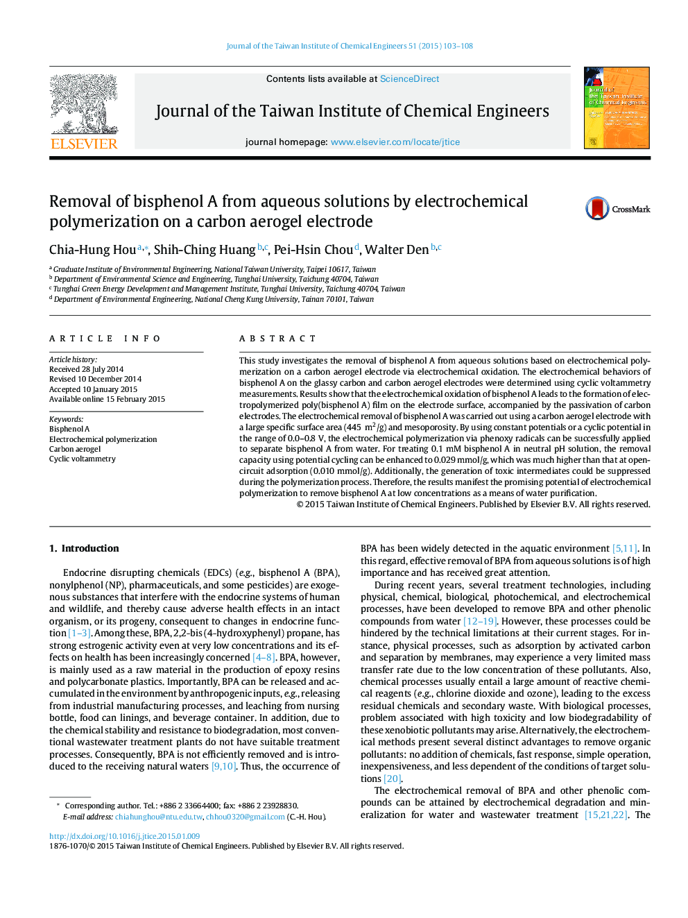 Removal of bisphenol A from aqueous solutions by electrochemical polymerization on a carbon aerogel electrode