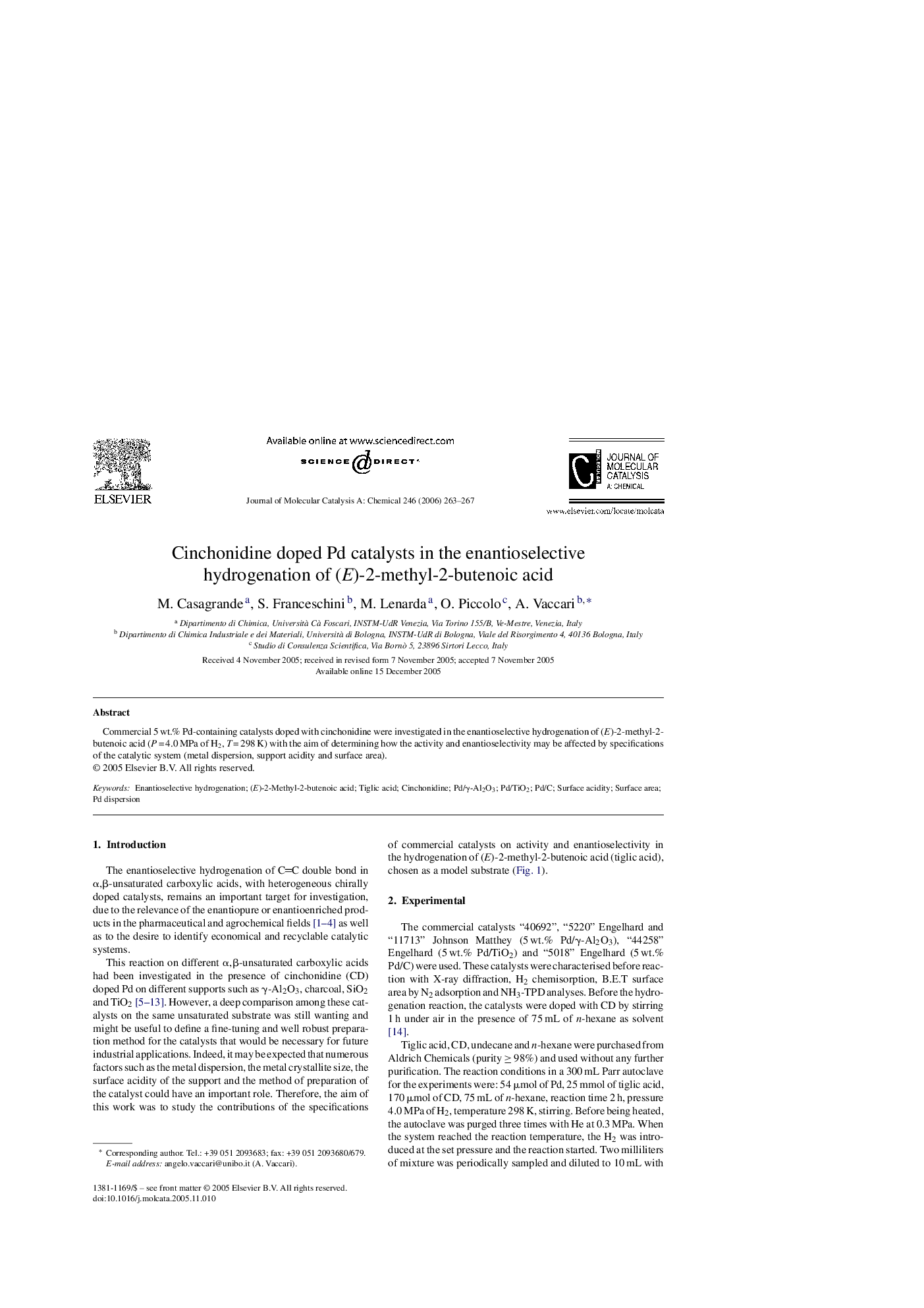 Cinchonidine doped Pd catalysts in the enantioselective hydrogenation of (E)-2-methyl-2-butenoic acid