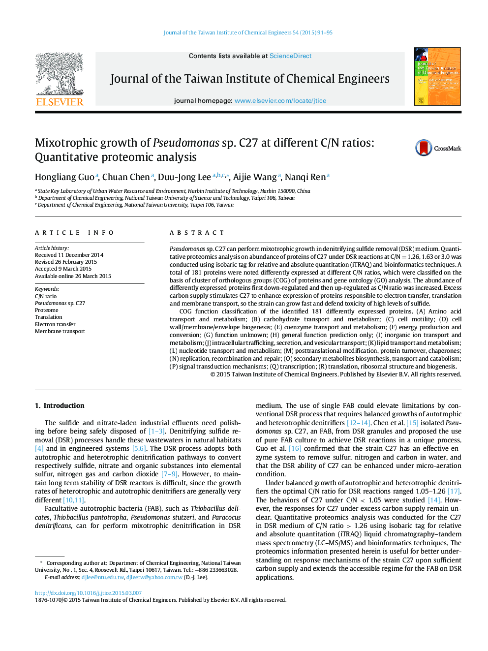 Mixotrophic growth of Pseudomonas sp. C27 at different C/N ratios: Quantitative proteomic analysis