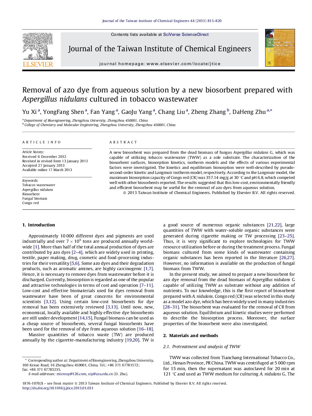 Removal of azo dye from aqueous solution by a new biosorbent prepared with Aspergillus nidulans cultured in tobacco wastewater