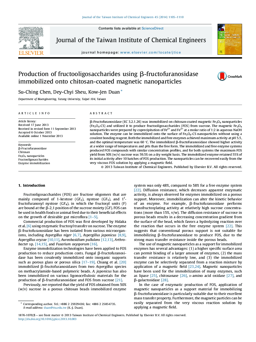 Production of fructooligosaccharides using β-fructofuranosidase immobilized onto chitosan-coated magnetic nanoparticles